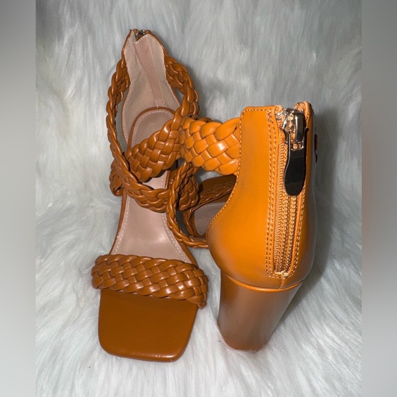 Ermann Tan Leather Heels with Woven Design - Picture 1 of 9